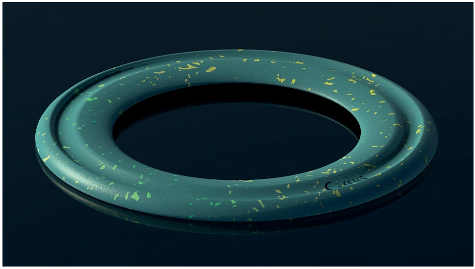 THUDPUK final Keyshot render — recycled plastic boomerang-form flying toy with TwoSix branding